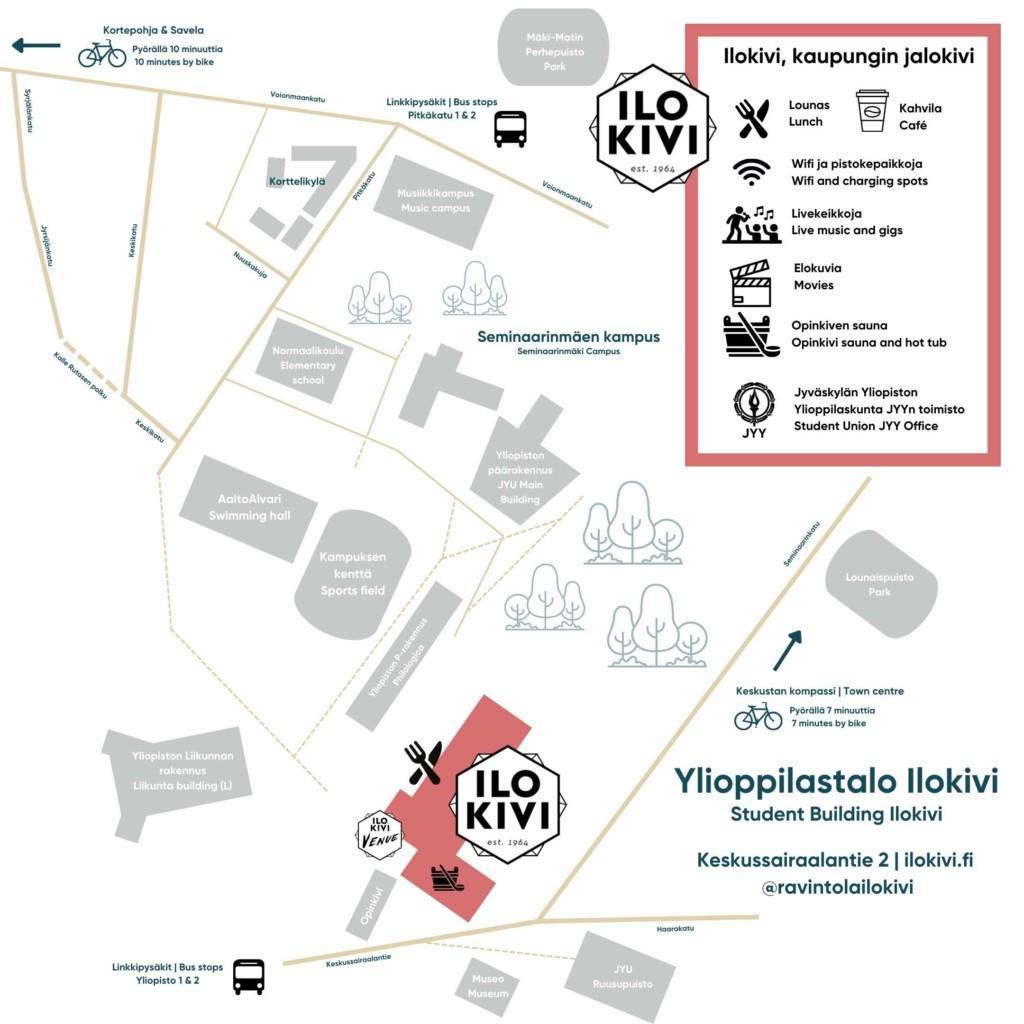 Viitteellinen karttakuva ylioppilastalo ja ravintola Ilokiven sijainnista Seminaarinmäen kampuksella Jyväskylässä