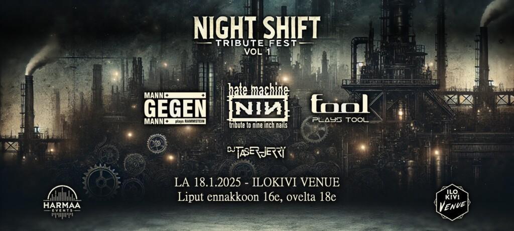 Gloomy industrial view with band logos